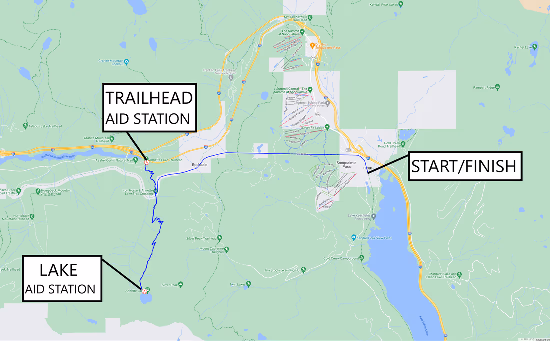 Hyak Passage 25K course map — Hyak Trailhead to Annette Lake and back